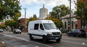 A white sprinter van moving freight to delivery in Salem OR